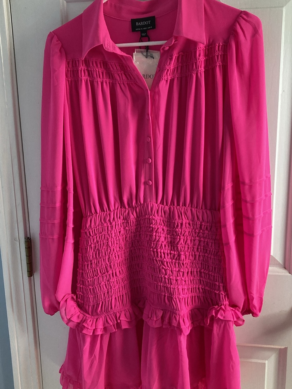 Bardot Hot Pink Long Sleeve Smocked Mini Dress